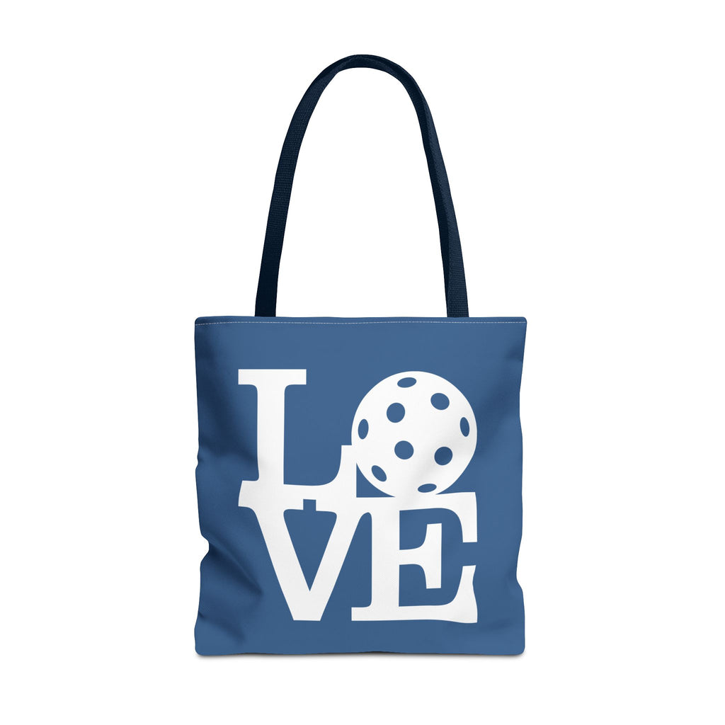 River blue Pickleball LOVE tote bag by Printify featuring a bold LOVE design, perfect for carrying sports gear and everyday essentials.