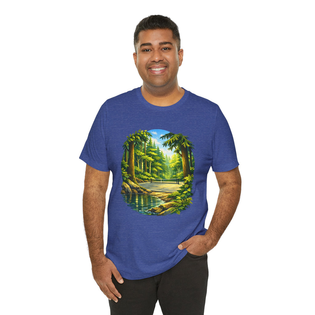 Unisex Hidden Forest Pickleball T-Shirt featuring Bainbridge Island tribute design, made by Printify, with forest and pickleball graphics.