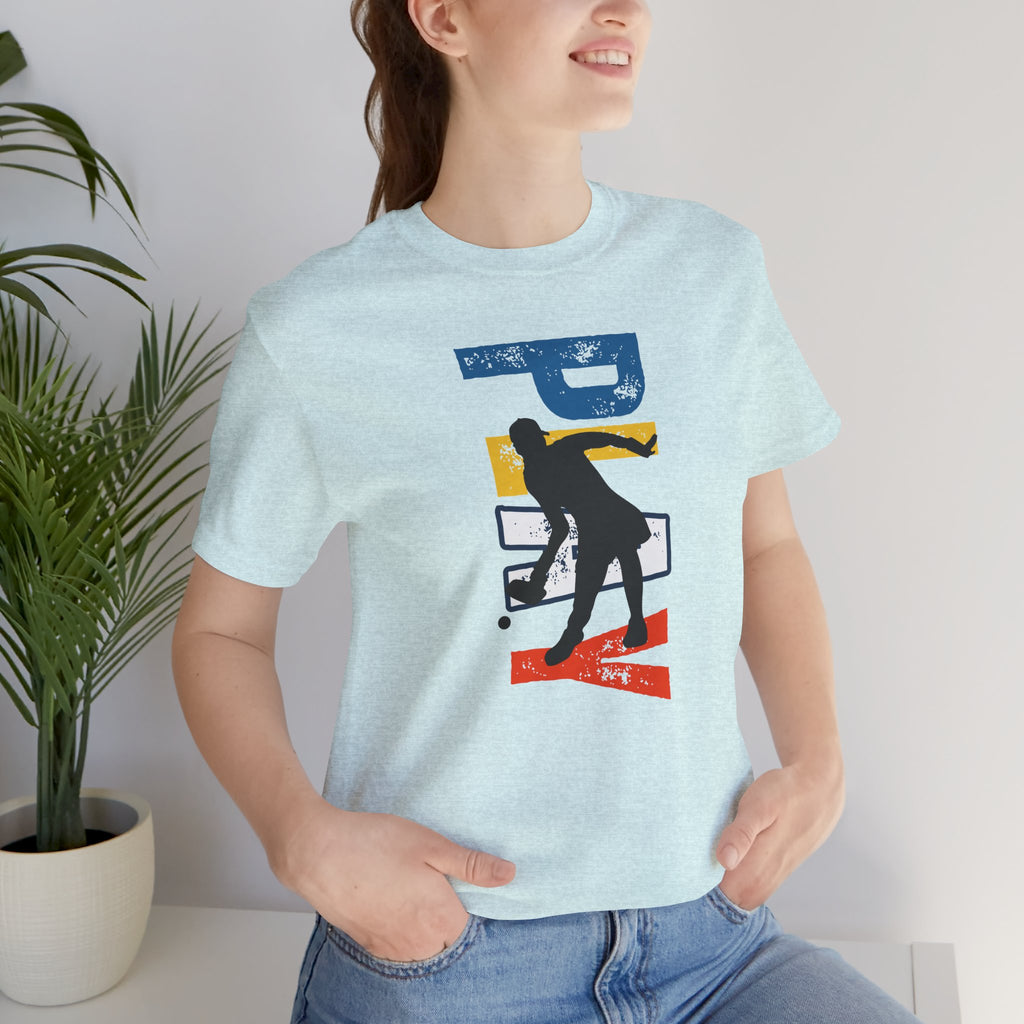 Women's retro style pickleball T-shirt with vertical "PICKLEBALL" back print, casual athletic wear by Printify