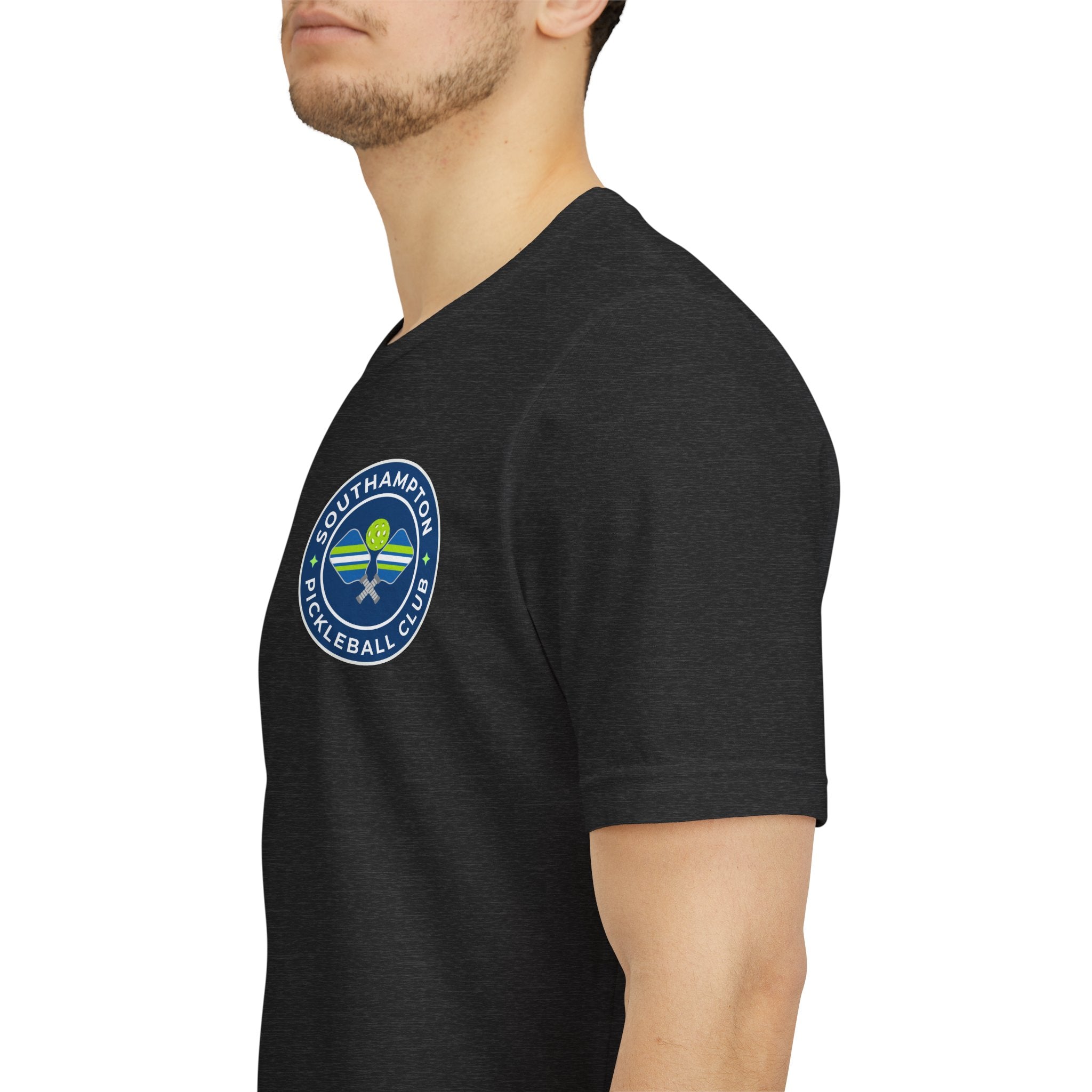 Personalized pickleball T-shirt by Printify with custom name sleeve, club logo, and pickleball graphic on the back.
