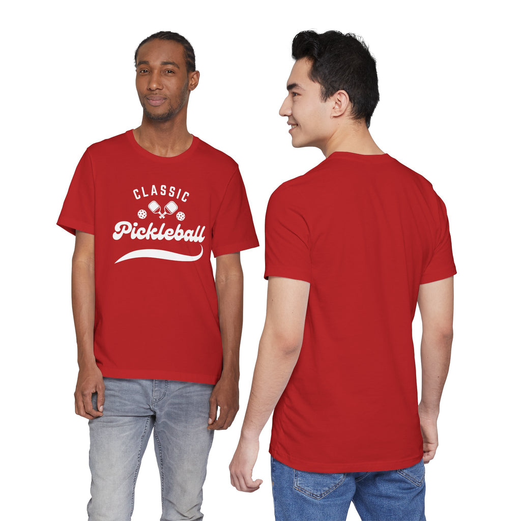 Classic pickleball T-shirt with "Pickleball" script design, lightweight cotton shirt for casual play and sports enthusiasts.