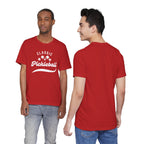 Classic pickleball T-shirt with "Pickleball" script design, lightweight cotton shirt for casual play and sports enthusiasts.