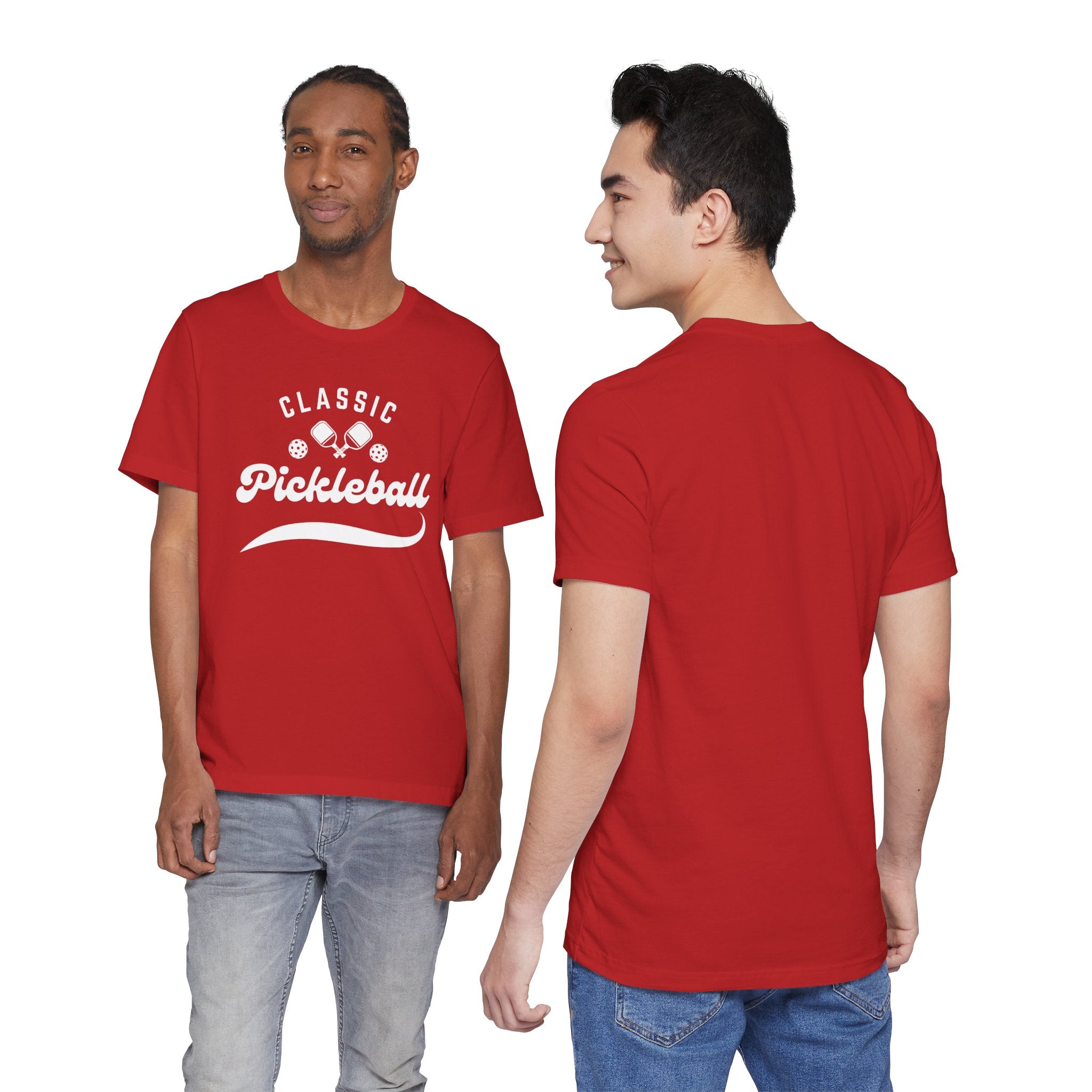 Classic pickleball T-shirt with "Pickleball" script design, lightweight cotton shirt for casual play and sports enthusiasts.