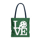 Dark green Pickleball LOVE tote bag, 18x18 inches, sporty carryall with bold white lettering, perfect for sports or casual use.