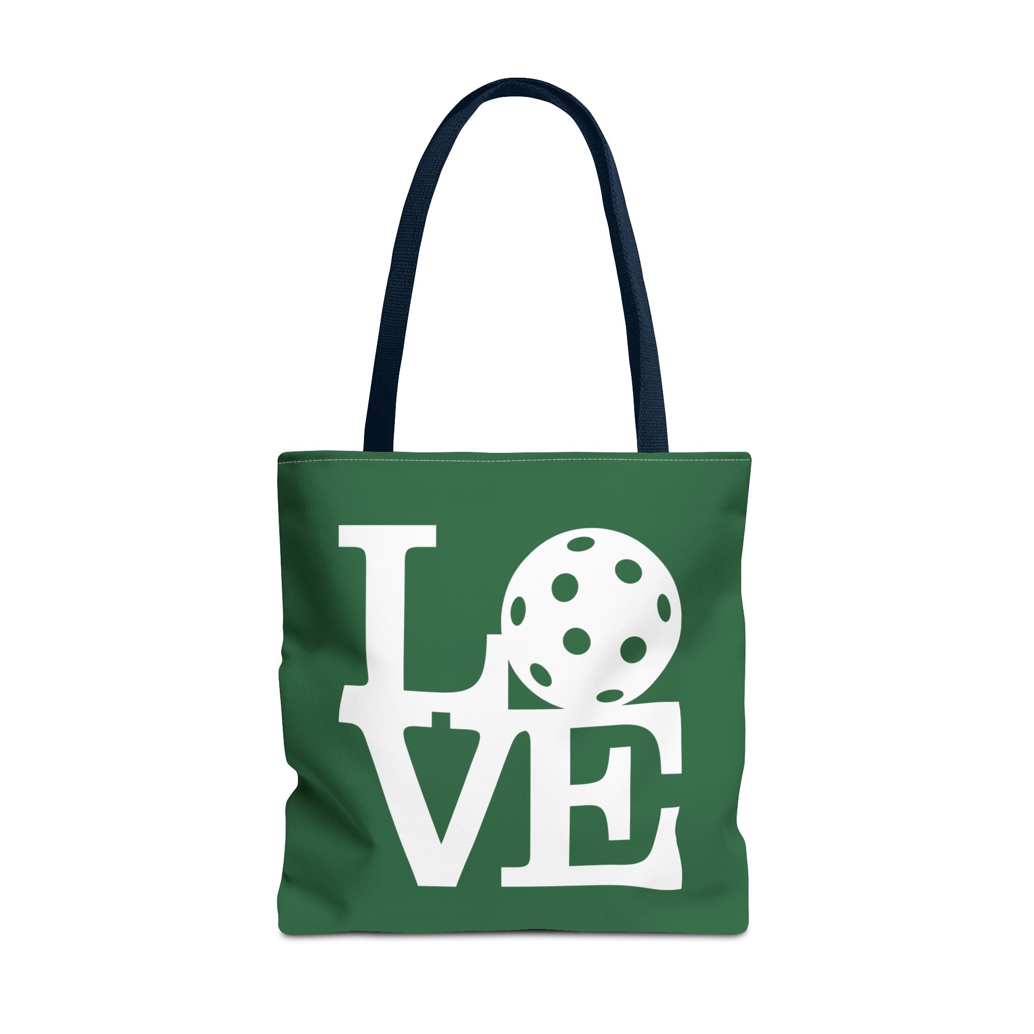 Dark green Pickleball LOVE tote bag, 18x18 inches, sporty carryall with bold white lettering, perfect for sports or casual use.