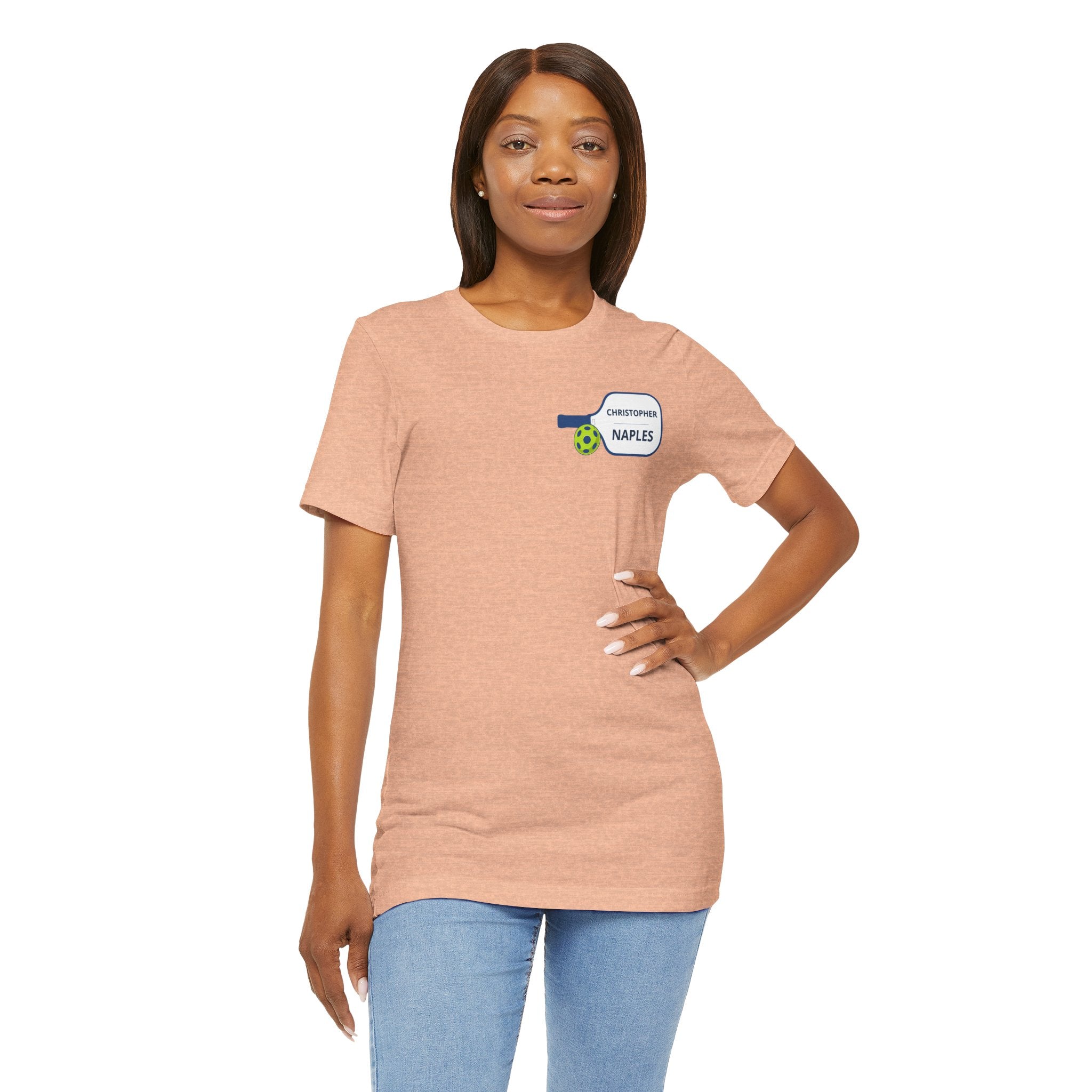 Personalized pickleball T-shirt with custom name and club logo graphic, featuring a paddle design on a comfortable Printify tee.