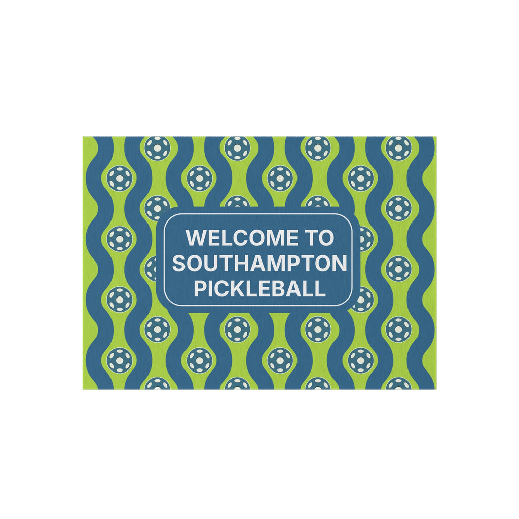 Personalized outdoor pickleball-themed doormat with custom welcome message or name in various sizes, ideal for home decor.