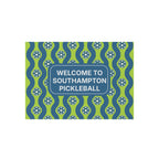 Personalized outdoor pickleball-themed doormat with custom welcome message or name in various sizes, ideal for home decor.