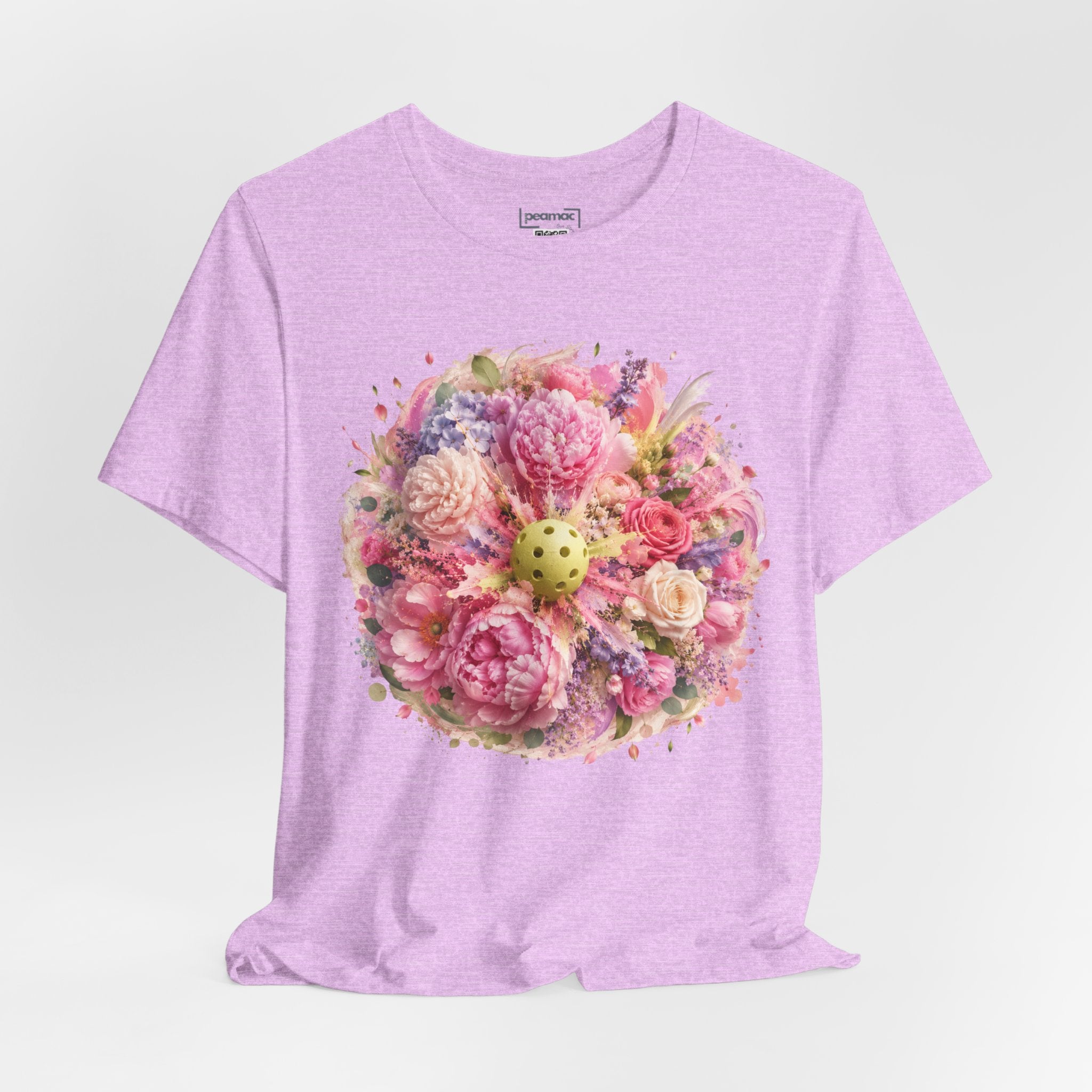 Unisex Peony Pickleball T-Shirt by Printify, premium cotton, relaxed fit, featuring a colorful peony pickleball graphic.
