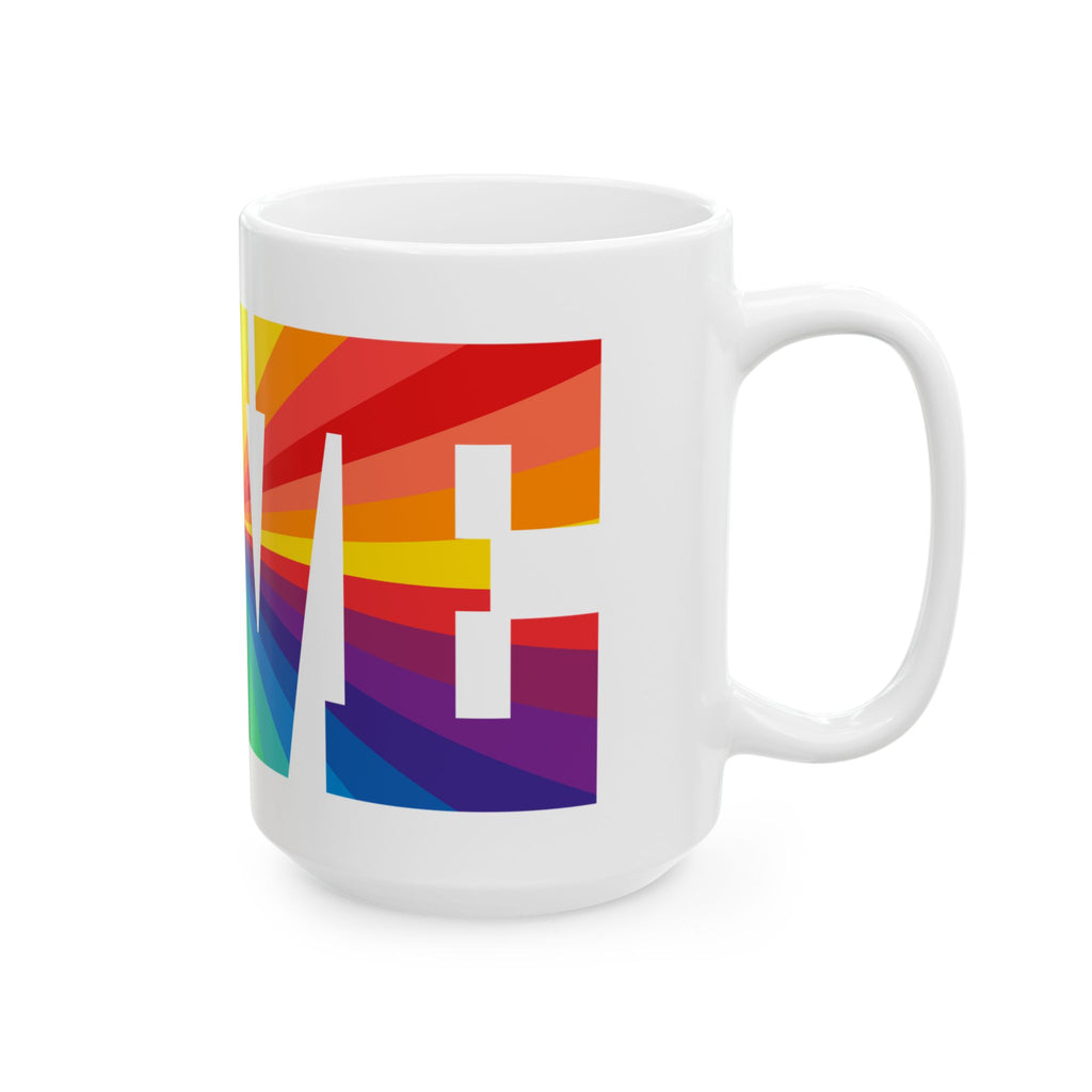 LOVE Rainbow Pride Ceramic Mug - Colorful LGBTQ+ Coffee Cup - Product Photo - PeaMacTees