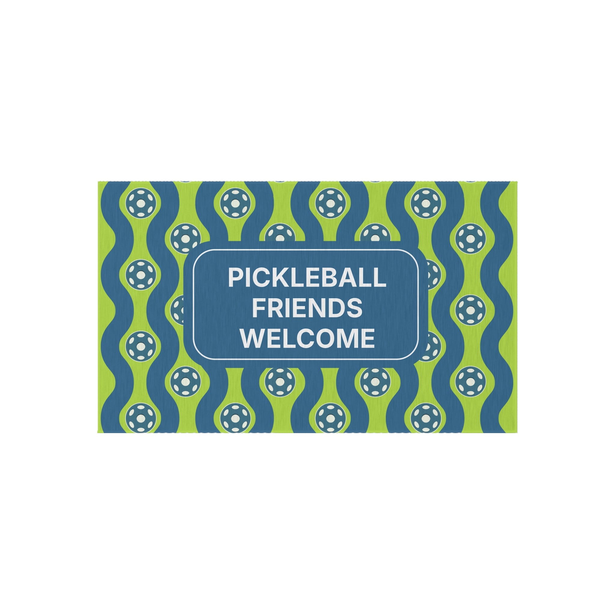 Personalized outdoor pickleball-themed doormat with custom welcome message or name, available in four sizes for home decor.