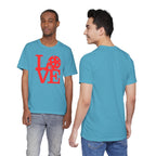 Red LOVE Pickleball graphic T-shirt by Printify featuring bold pop art design, casual fit for pickleball enthusiasts.