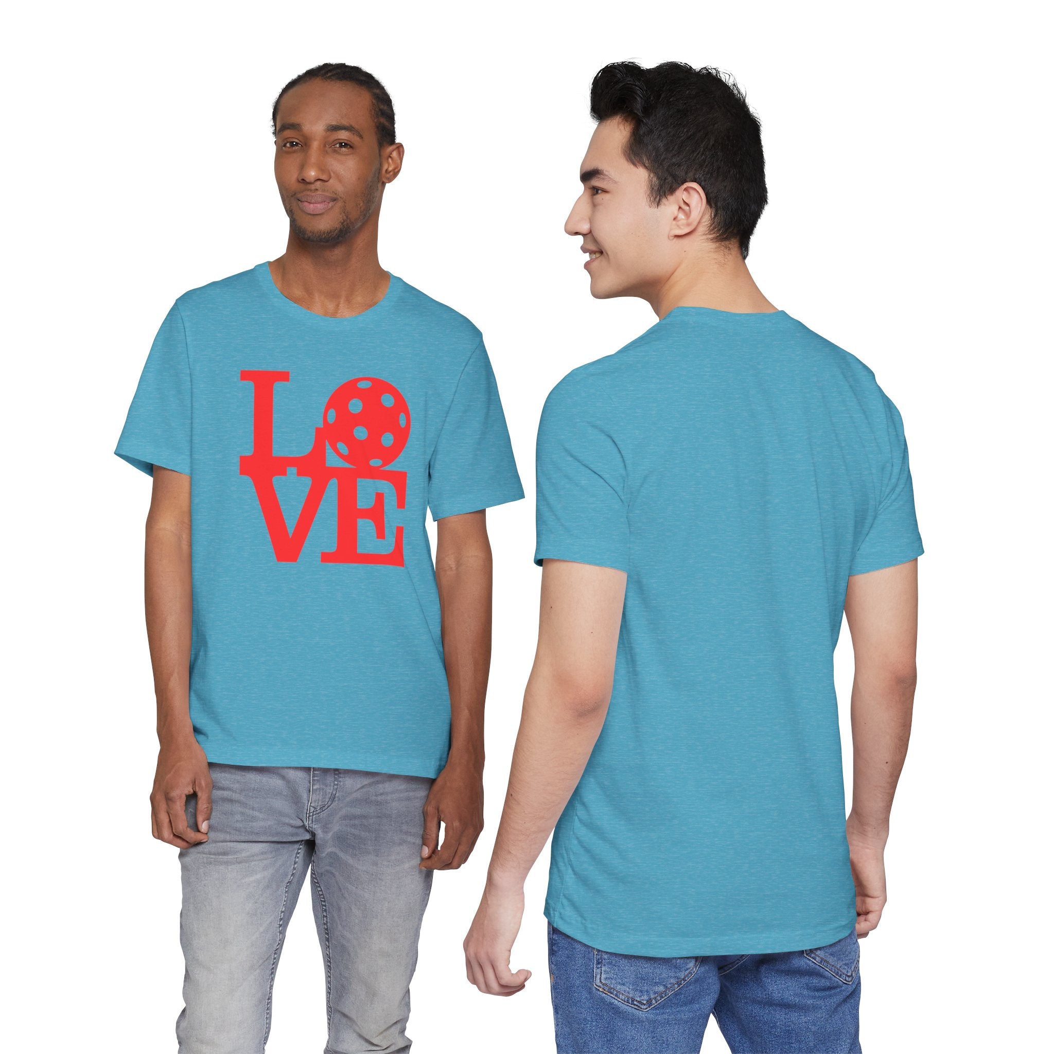 Red LOVE Pickleball graphic T-shirt by Printify featuring bold pop art design, casual fit for pickleball enthusiasts.