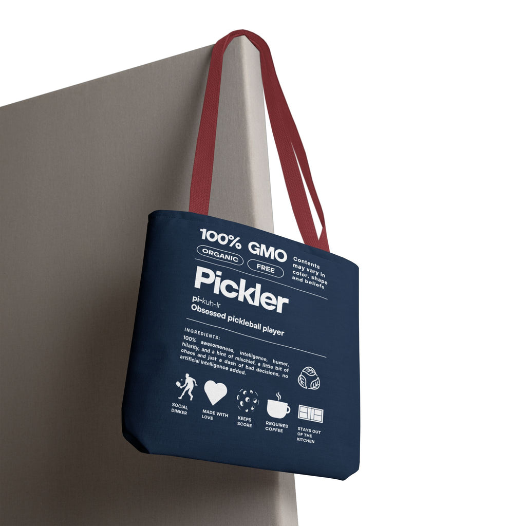 Funny Pickler Tote Bag featuring a male pickleball figure, made from 100% GMO-free materials, by Printify.