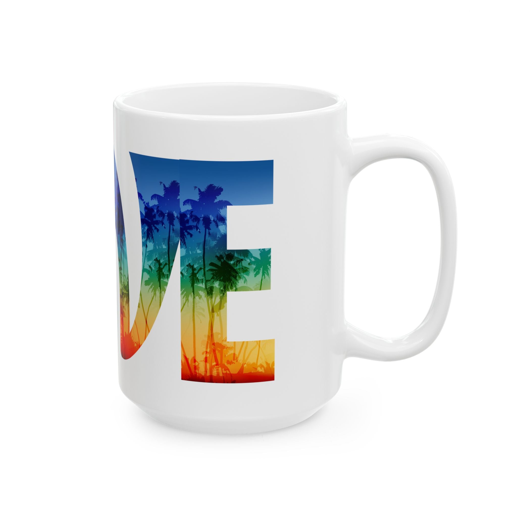 Colorful LOVE Rainbow Pride ceramic mug by Printify featuring vibrant tropical LGBTQ+ design, available in 11oz and 15oz sizes.