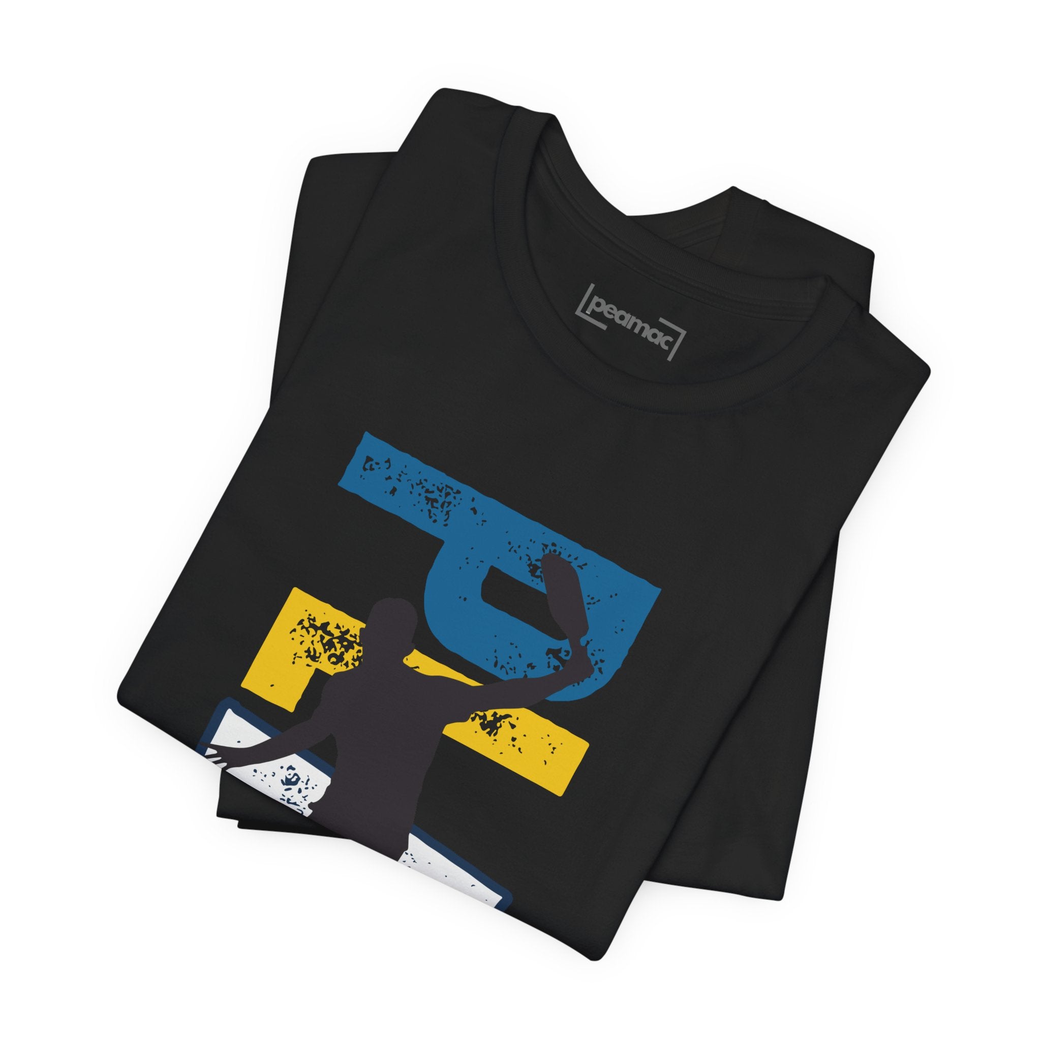 Men's Retro Pickleball Action T-Shirt with front silhouette and vertical "PICKLEBALL" text on the back, by Printify.
