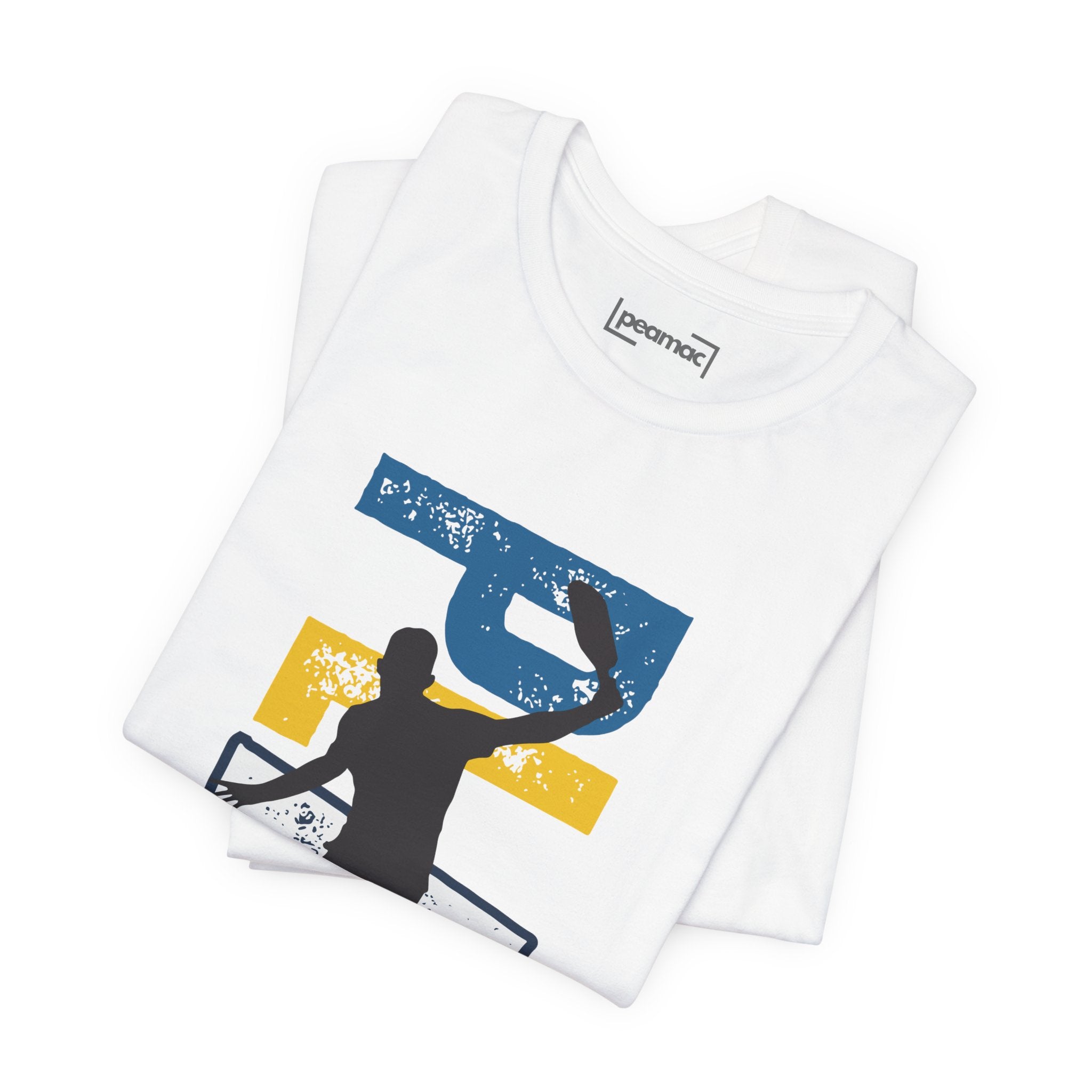 Men's Retro Pickleball Action T-Shirt with front silhouette and vertical "PICKLEBALL" text on the back, by Printify.