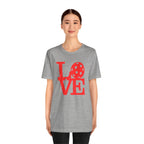 Red LOVE Pickleball graphic T-shirt by Printify featuring bold pop art design, casual crewneck style, in a vibrant, eye-catching print.