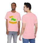 Neon orange and electric green Pickleball Rally T-Shirt with court graphic, casual athletic wear by Printify.