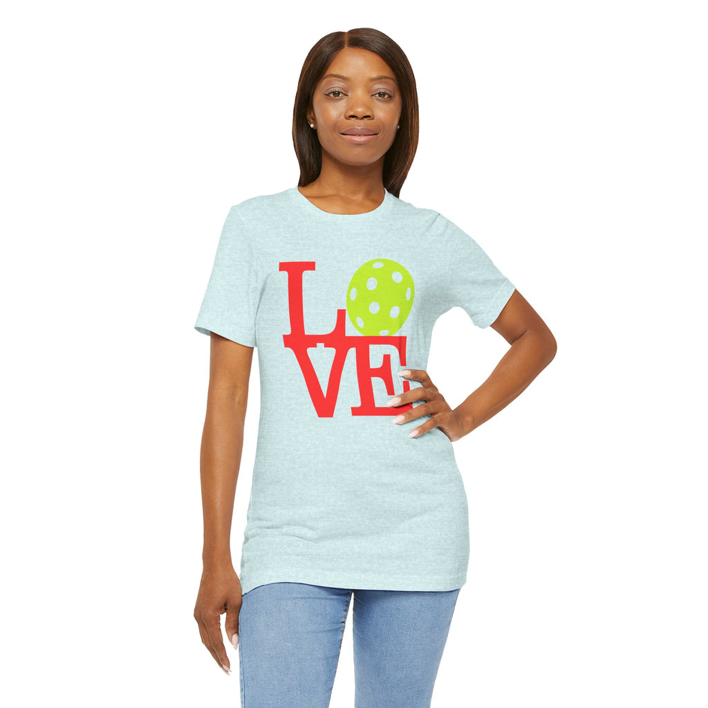 Neon pop art style Pickleball LOVE T-Shirt by Printify featuring bold colorful design on a premium cotton tee.