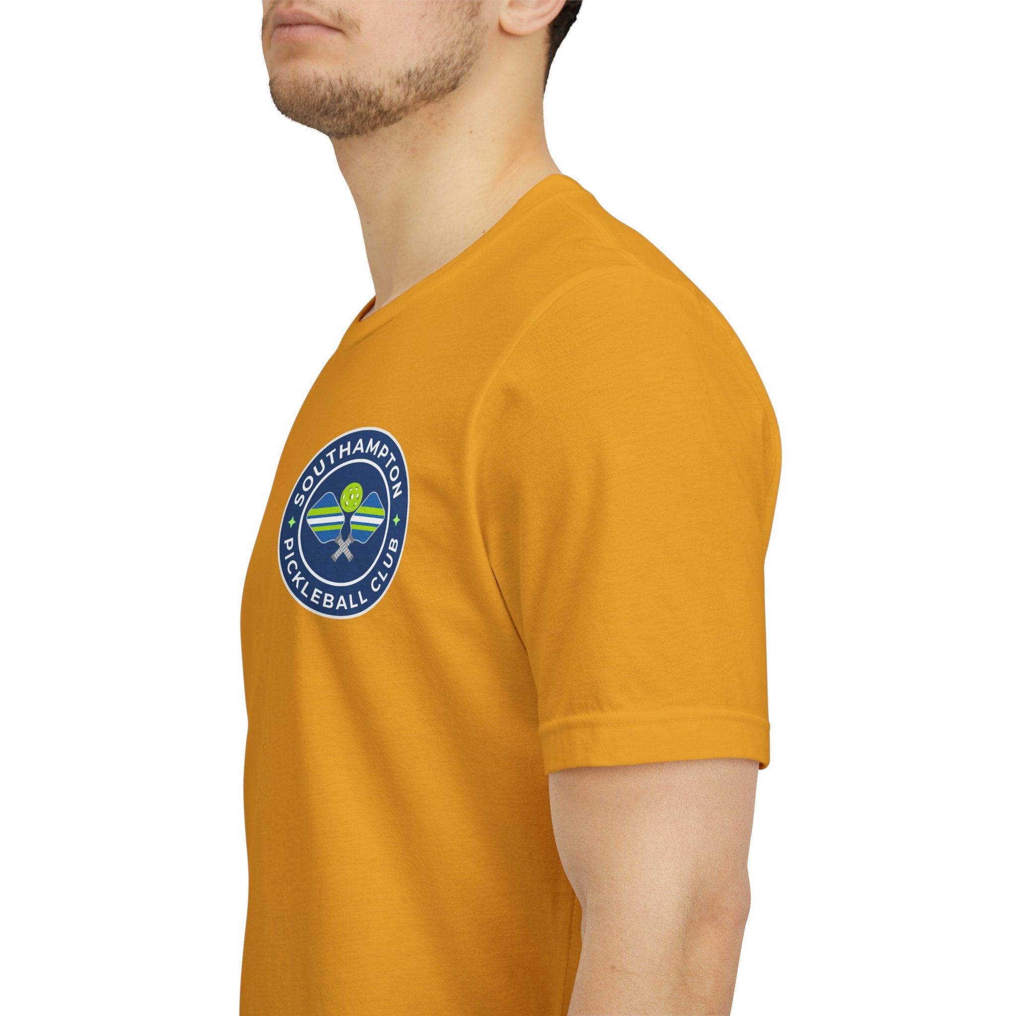 Personalized pickleball T-shirt by Printify with custom name on sleeve and club logo, featuring pickleball graphic on center back.