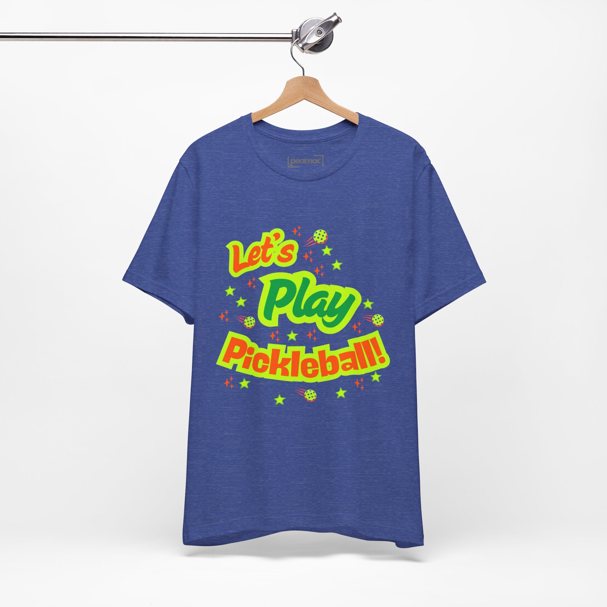 Neon orange and electric green pickleball rally tee with court graphic, short-sleeve T-shirt by Printify.