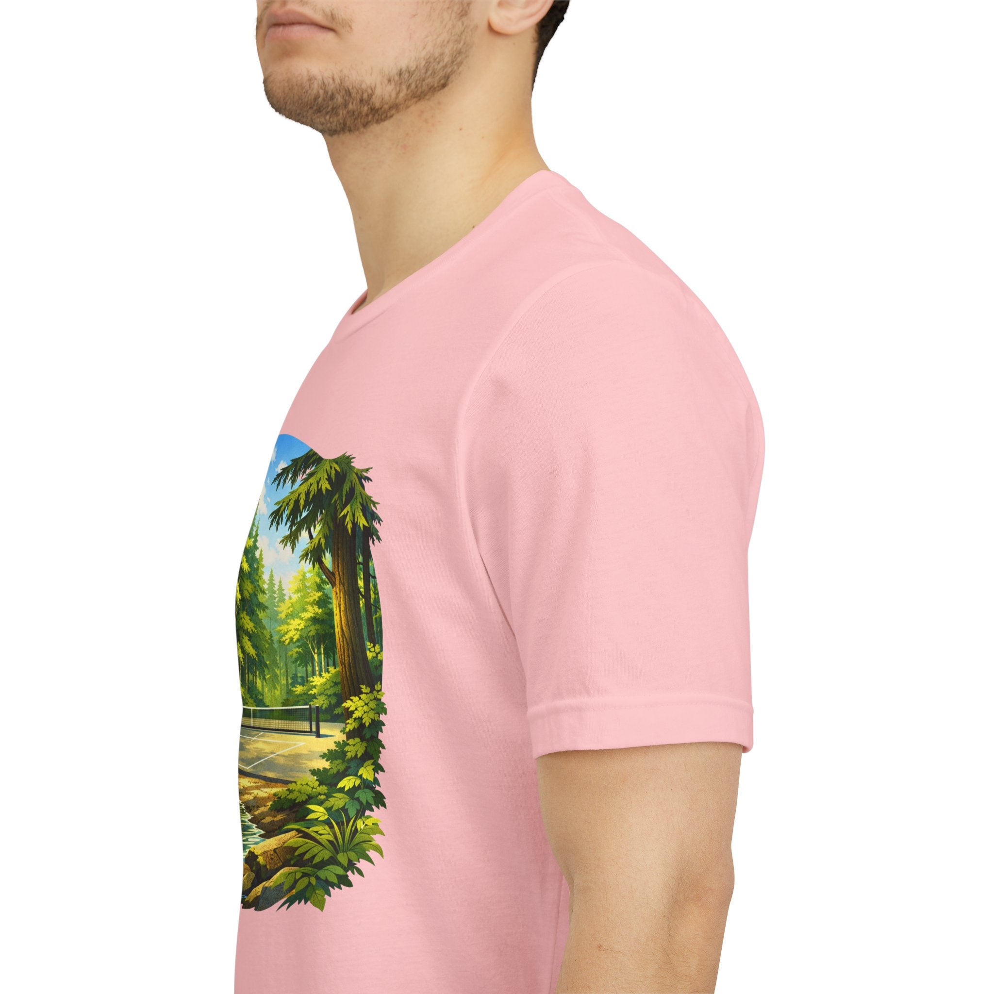 Unisex Hidden Forest Pickleball T-Shirt featuring a Bainbridge Island tribute design on a comfortable cotton tee.