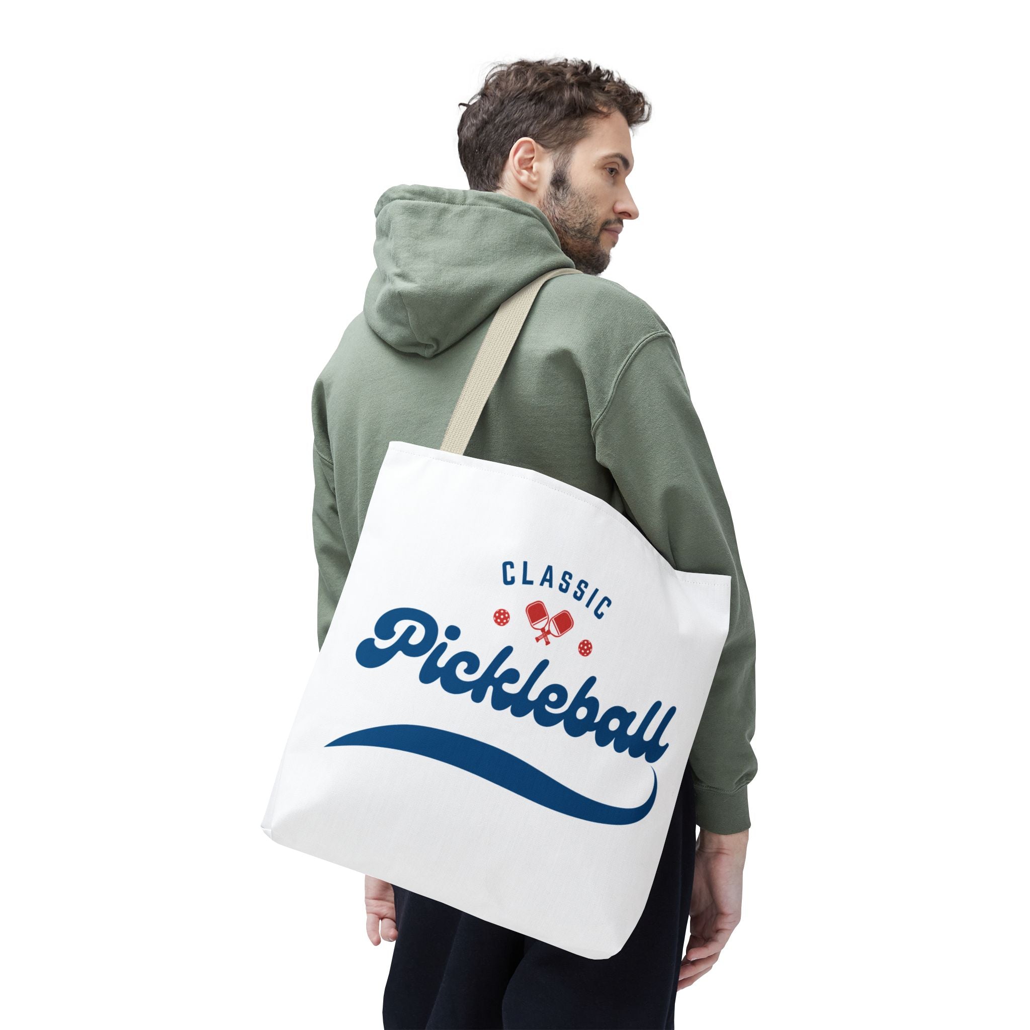 Large Printify pickleball tote bag in red and blue with rugged, spacious design for gear, 18x18 inches shoulder bag