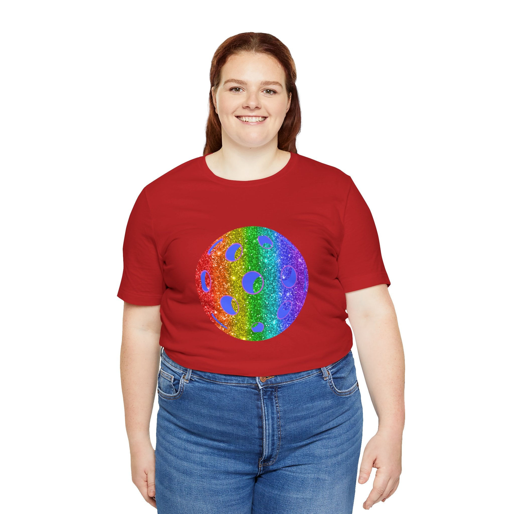 Rainbow glitter pickleball pride T-shirt by Printify featuring a colorful, sparkling design celebrating LGBTQ+ pride and pickleball.