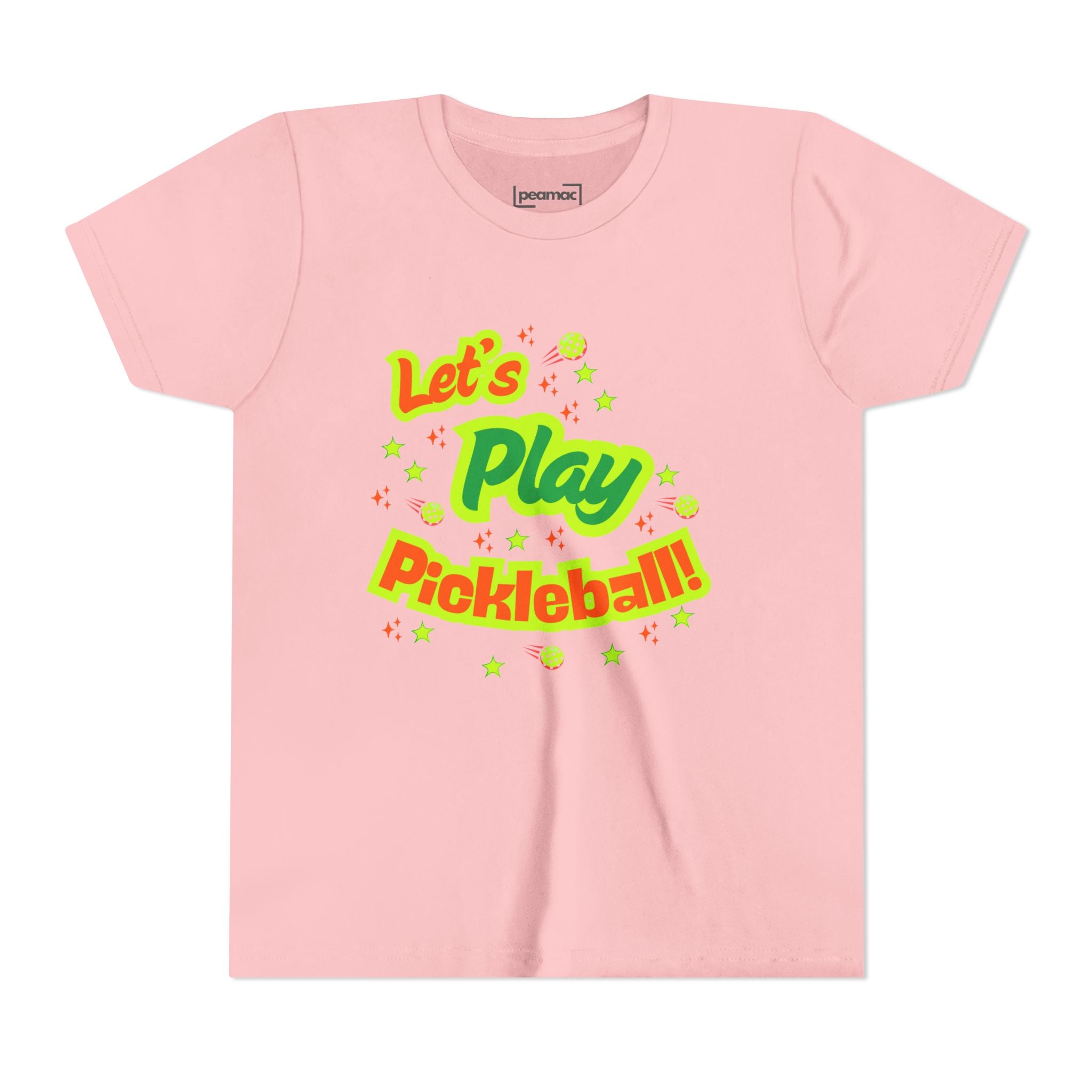 Bright neon pickleball graphic youth t-shirt for kids, featuring playful "Let's Play Pickleball" design on a comfortable kids' shirt by Printify.