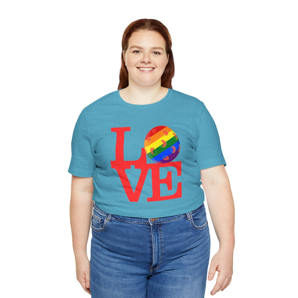 Rainbow LGBTQ2 Pride T-Shirt from LOVE Pickleball Pride Tee by Printify, featuring vibrant rainbow colors and a casual fit.