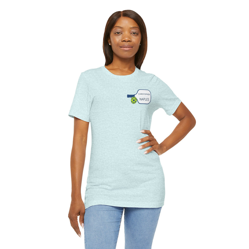 Personalized pickleball T-shirt by Printify featuring custom name and club on a paddle graphic design.