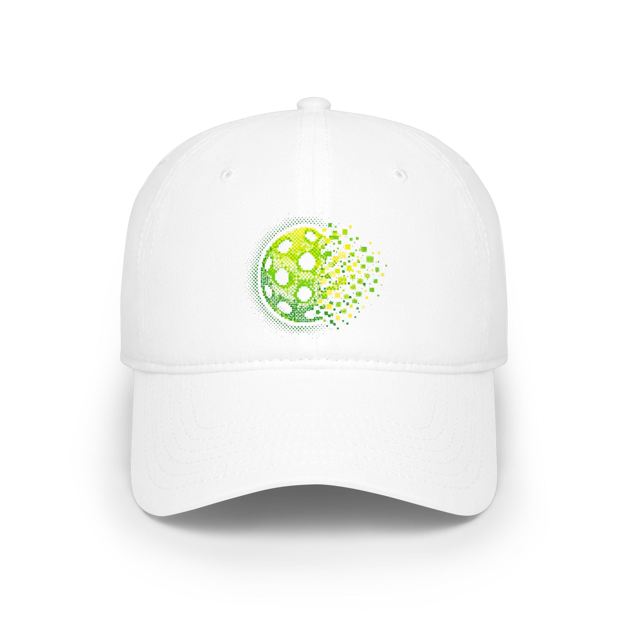 Pixelated Pickleball Cap in neon green, low profile cotton baseball hat by Printify, featuring a colorful pixelated pickleball design.