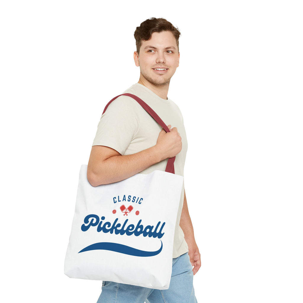 Large Pickleball tote bag in red and blue by Printify, 18x18 inches, rugged shoulder bag for gear storage and transport.
