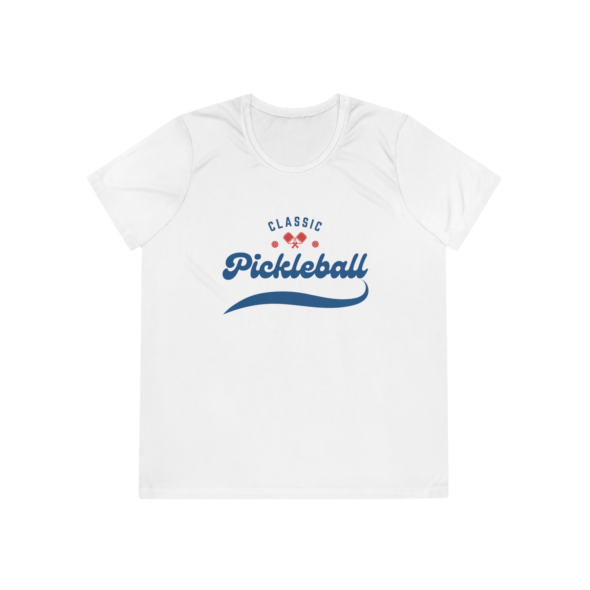 Women's Moisture Wicking Performance Pickleball T-Shirt, Classic Red & Blue Retro Design, Gift for Players