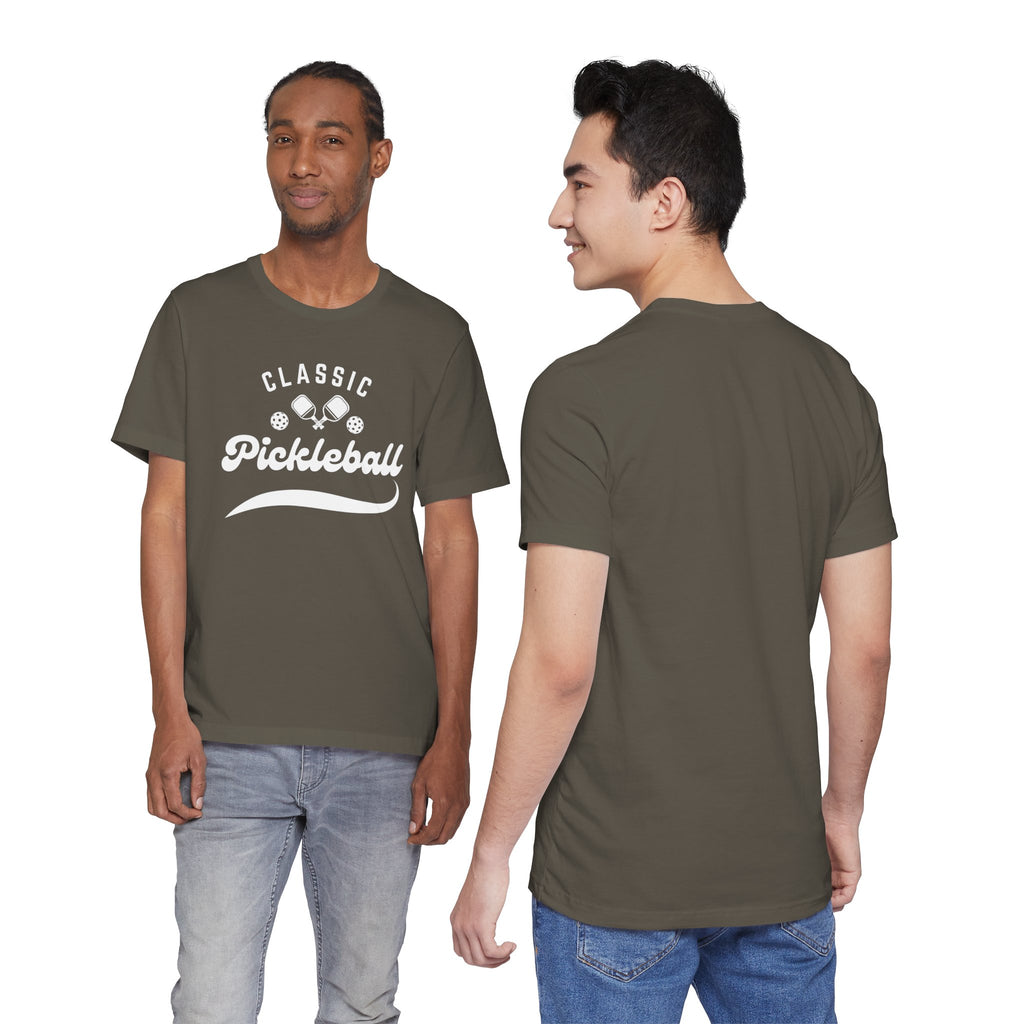 White Classic Pickleball T-shirt with "Pickleball" script design, made by Printify, featuring a comfortable fit and casual style.