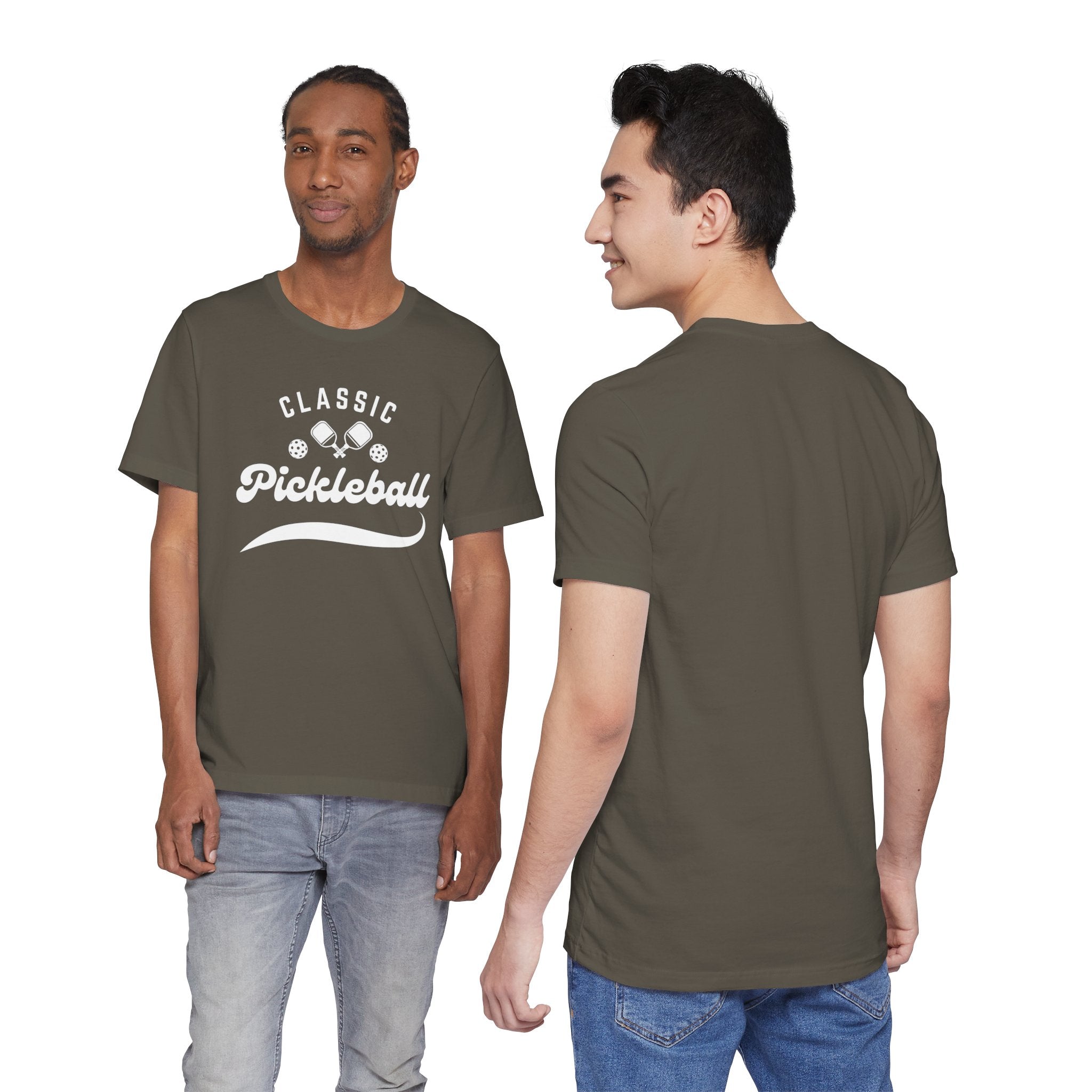 White Classic Pickleball T-shirt with "Pickleball" script design, made by Printify, featuring a comfortable fit and casual style.