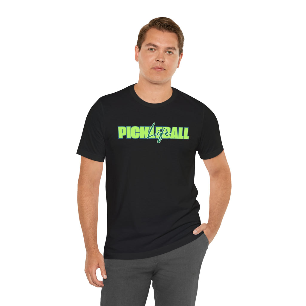 Unisex Pickleball Life T-shirt with bold green and blue graphic print, made by Printify, casual and sporty apparel for pickleball fans.