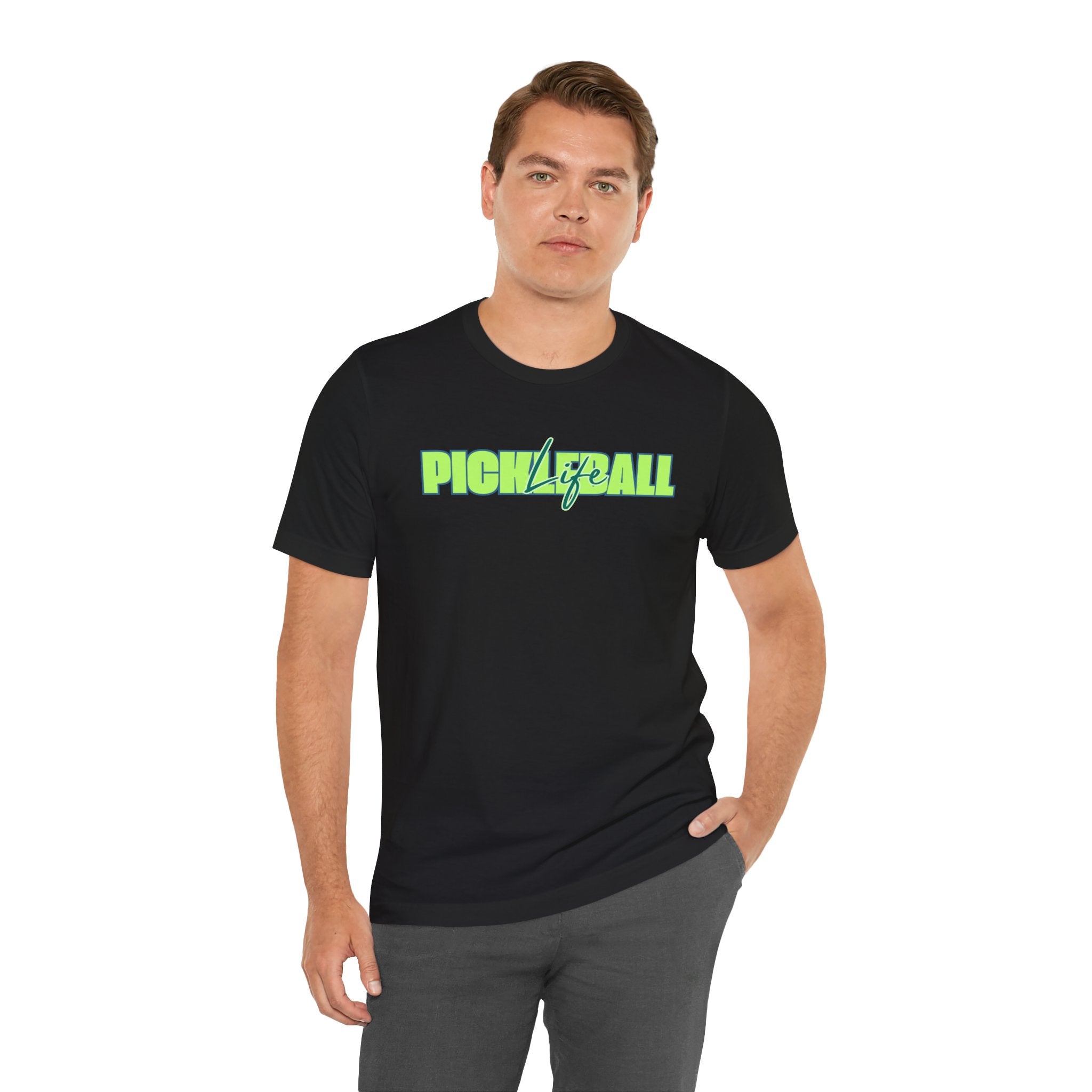 Unisex Pickleball Life T-shirt with bold green and blue graphic print, made by Printify, casual and sporty apparel for pickleball fans.
