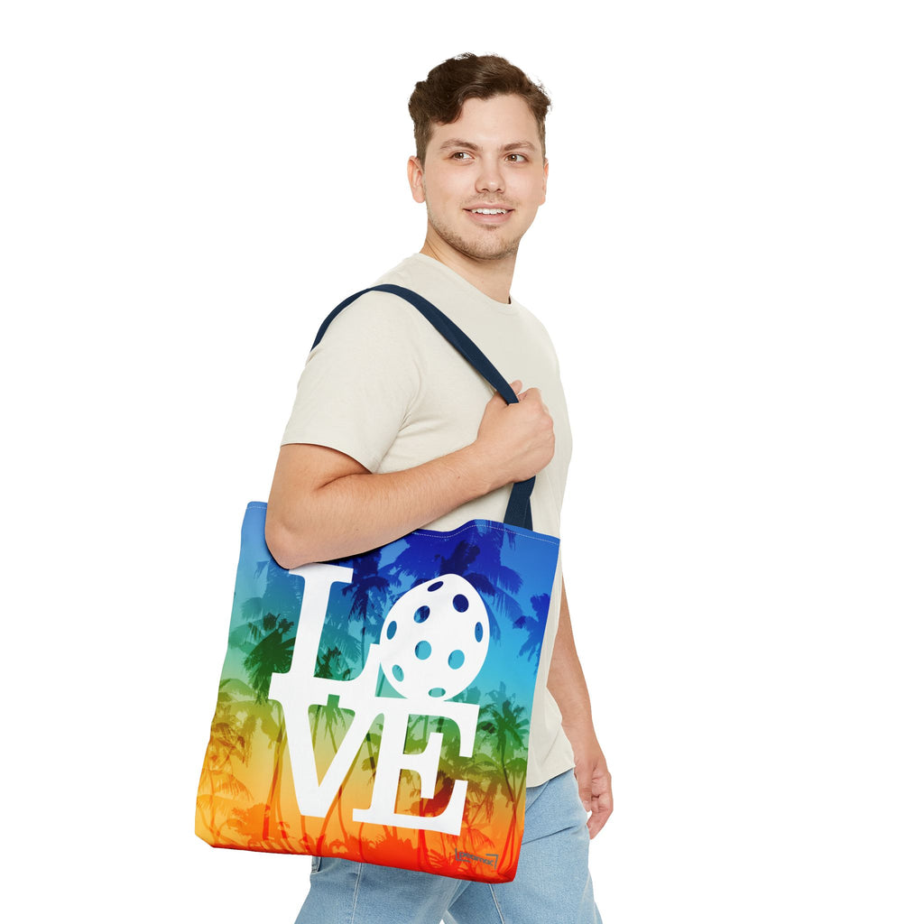 Palm rainbow tote bag from Printify featuring tropical pickleball love design, court-ready shoulder bag, perfect for sports and casual use.