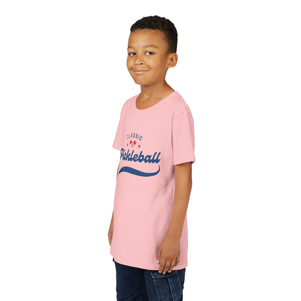 Kids retro pickleball T-shirt in bright colors with a vintage-inspired design, perfect for boys and girls' sportswear.
