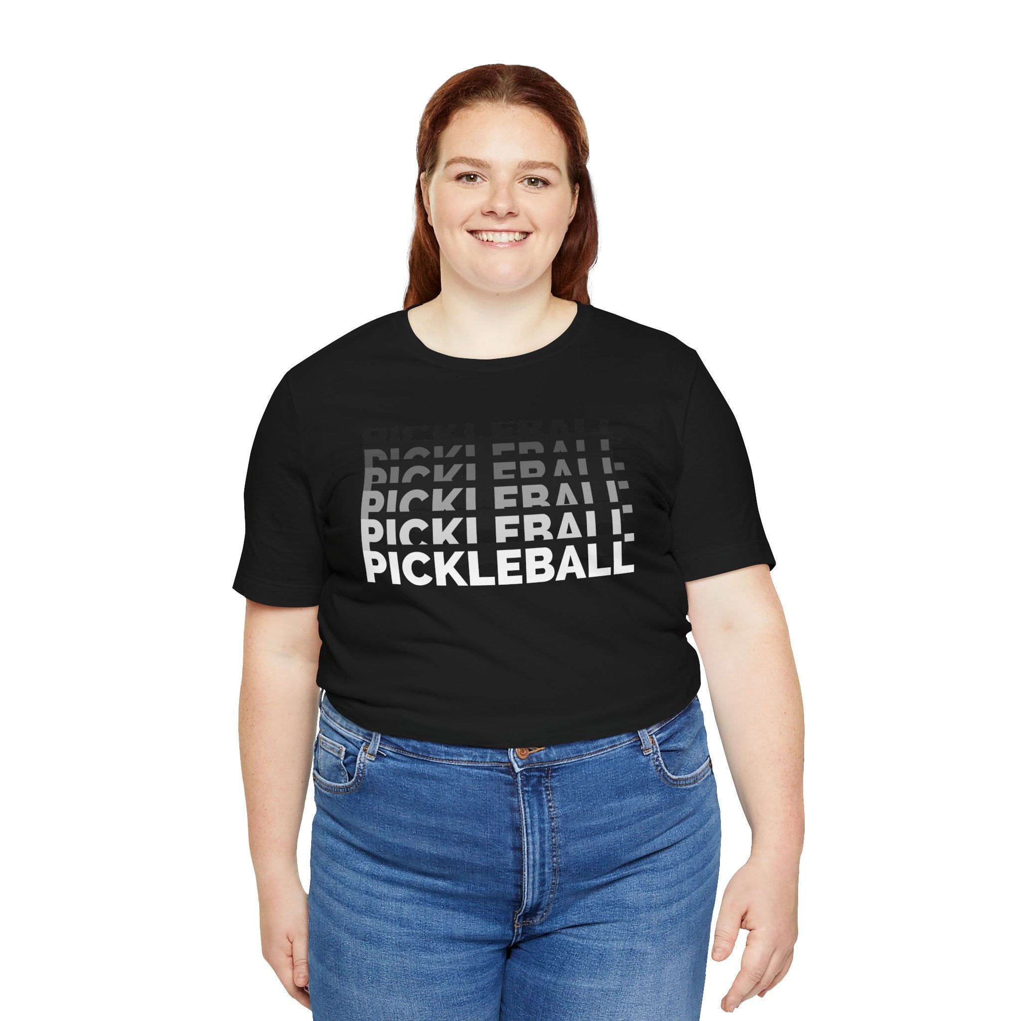 Pink and purple gradient Pickleball x5 Stack Tee with a colorful pickleball graphic on a casual T-shirt.