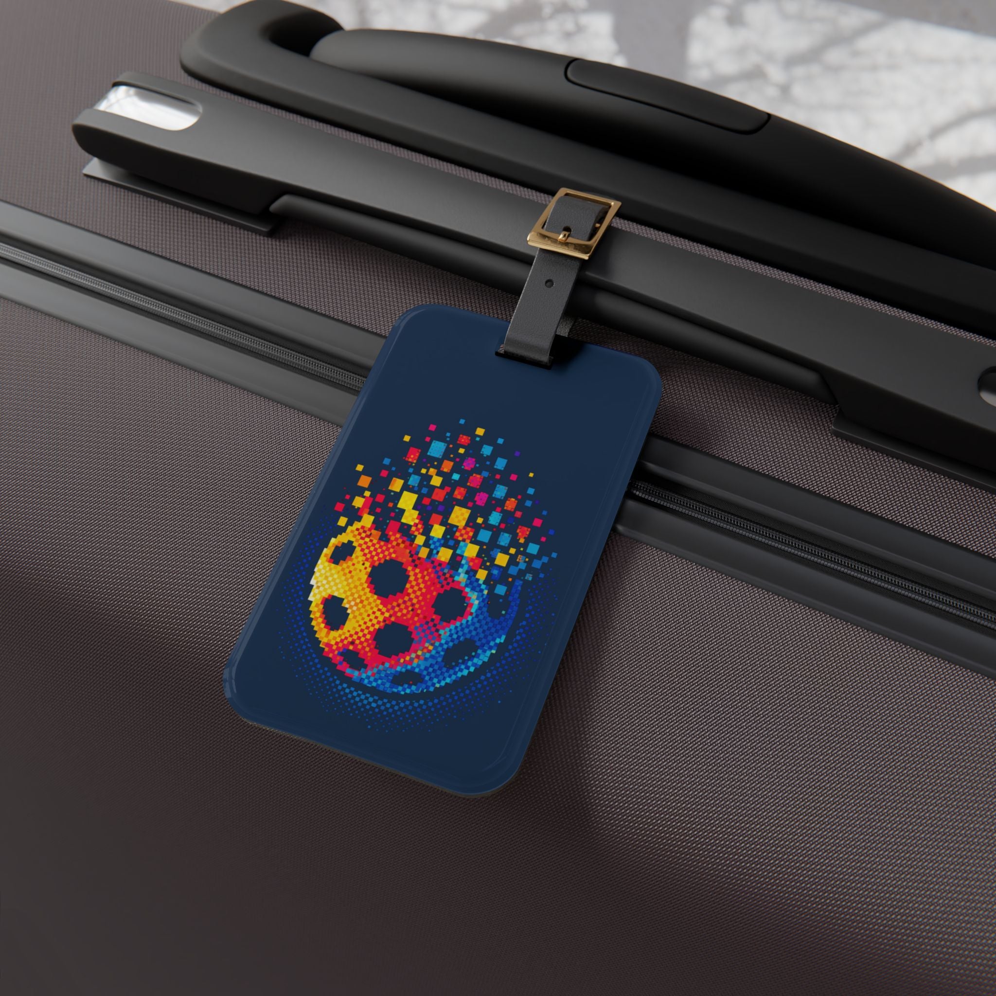 Pixelated pickleball court ID luggage tag with leather strap and buckle, featuring colorful court design and durable material.