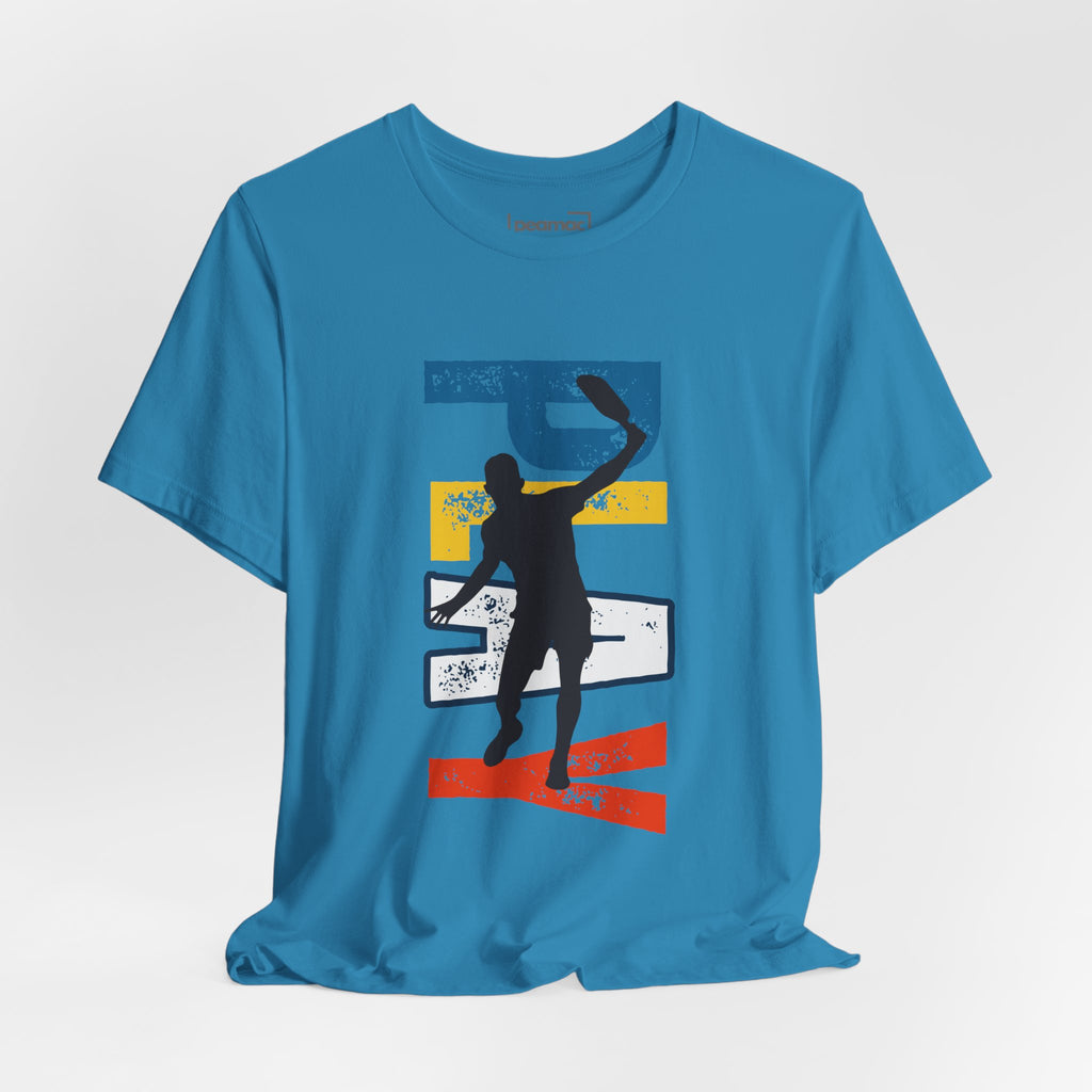 Men's Retro Pickleball Action T-Shirt with dynamic front silhouette and vertical "PICKLEBALL" text on the back.
