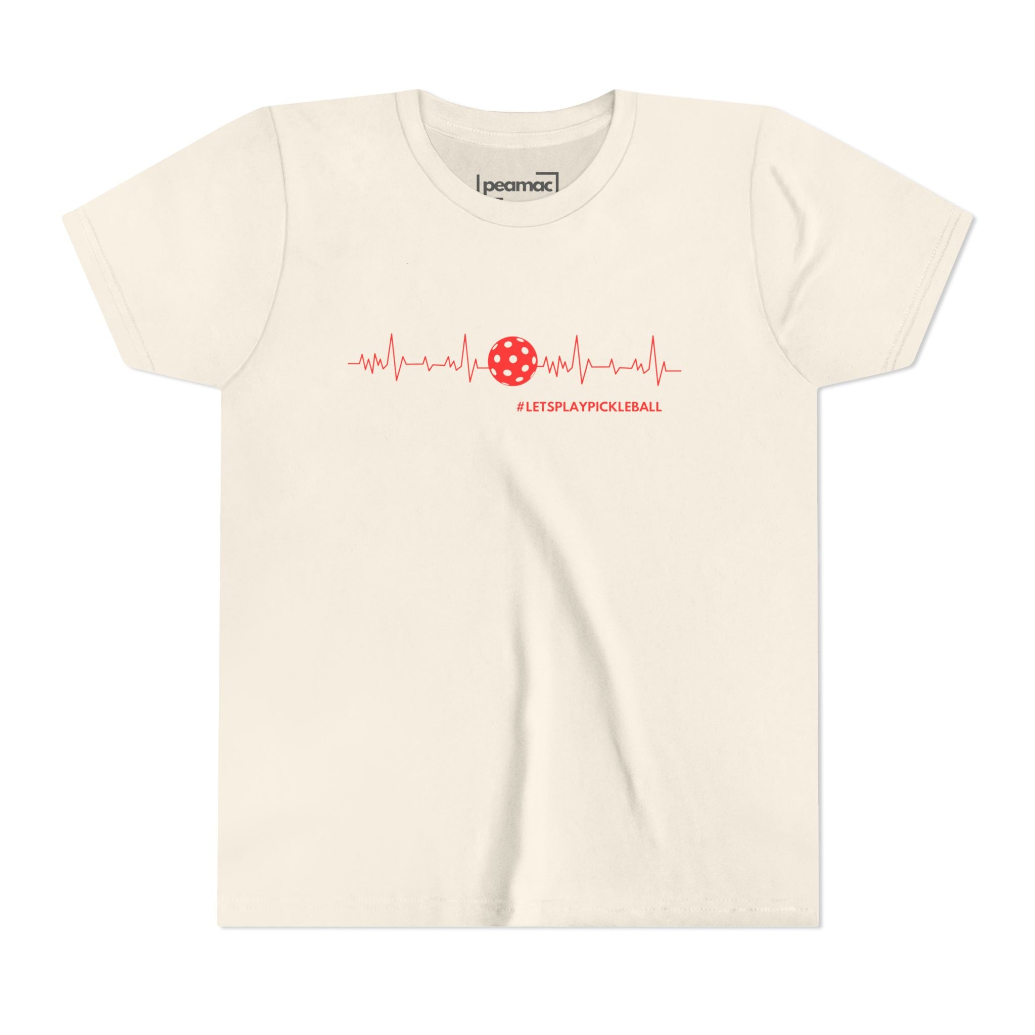 Kids' Youth Pickleball Tee with heartbeat and Lets Play Pickleball design, colorful graphic print on a kids' athletic t-shirt by Printify.