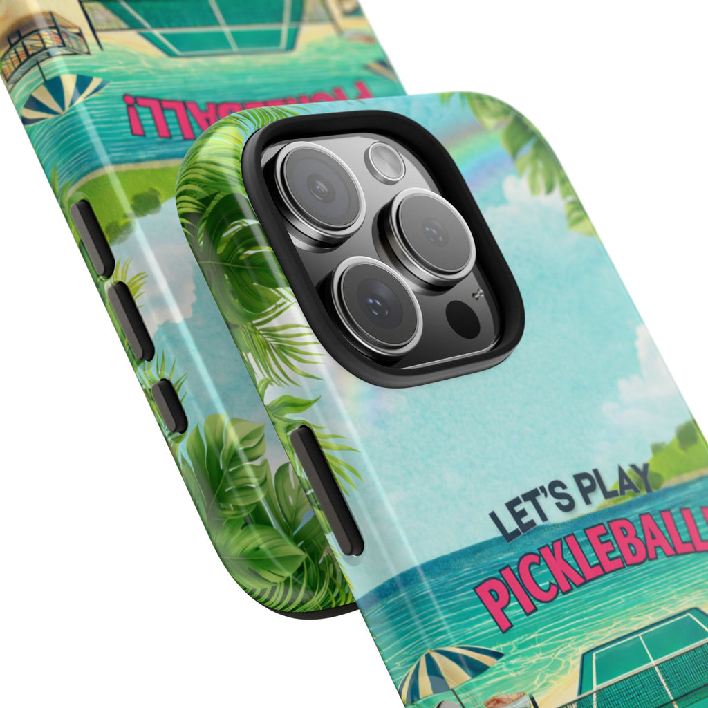 Let's Play Pickleball tropical tough phone case by Printify featuring colorful beach court design for iPhone and Android.
