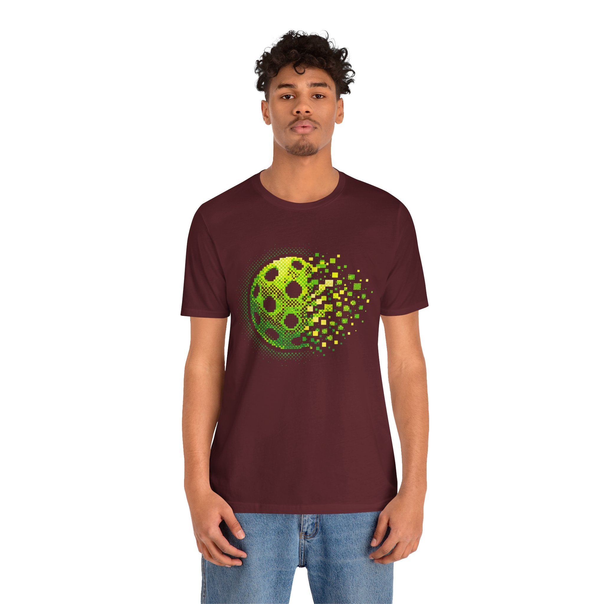 Green Pixelated Pickleball Tee featuring retro court graphic, short-sleeve T-shirt by Printify, ideal for pickleball enthusiasts.