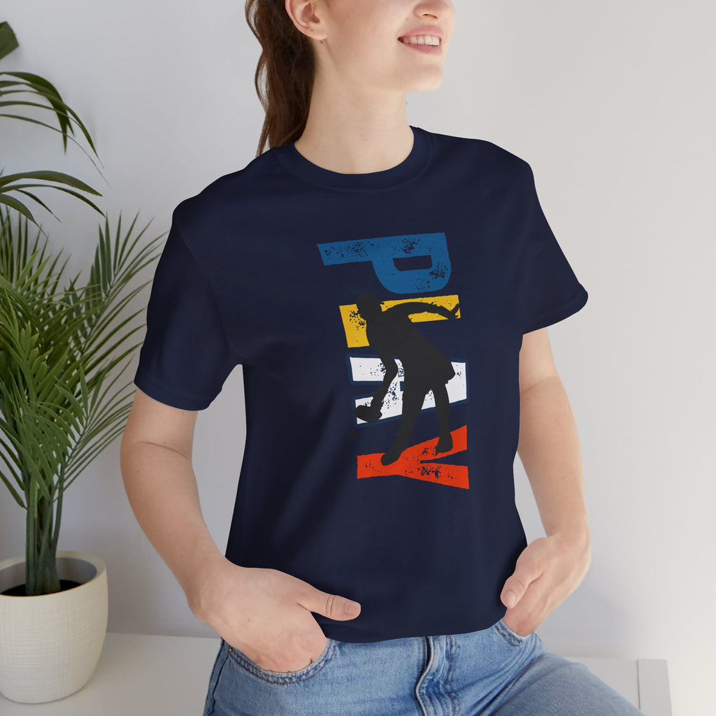 Women's retro-inspired pickleball T-shirt with vertical 'PICKLEBALL' back print, casual athletic style by Printify.