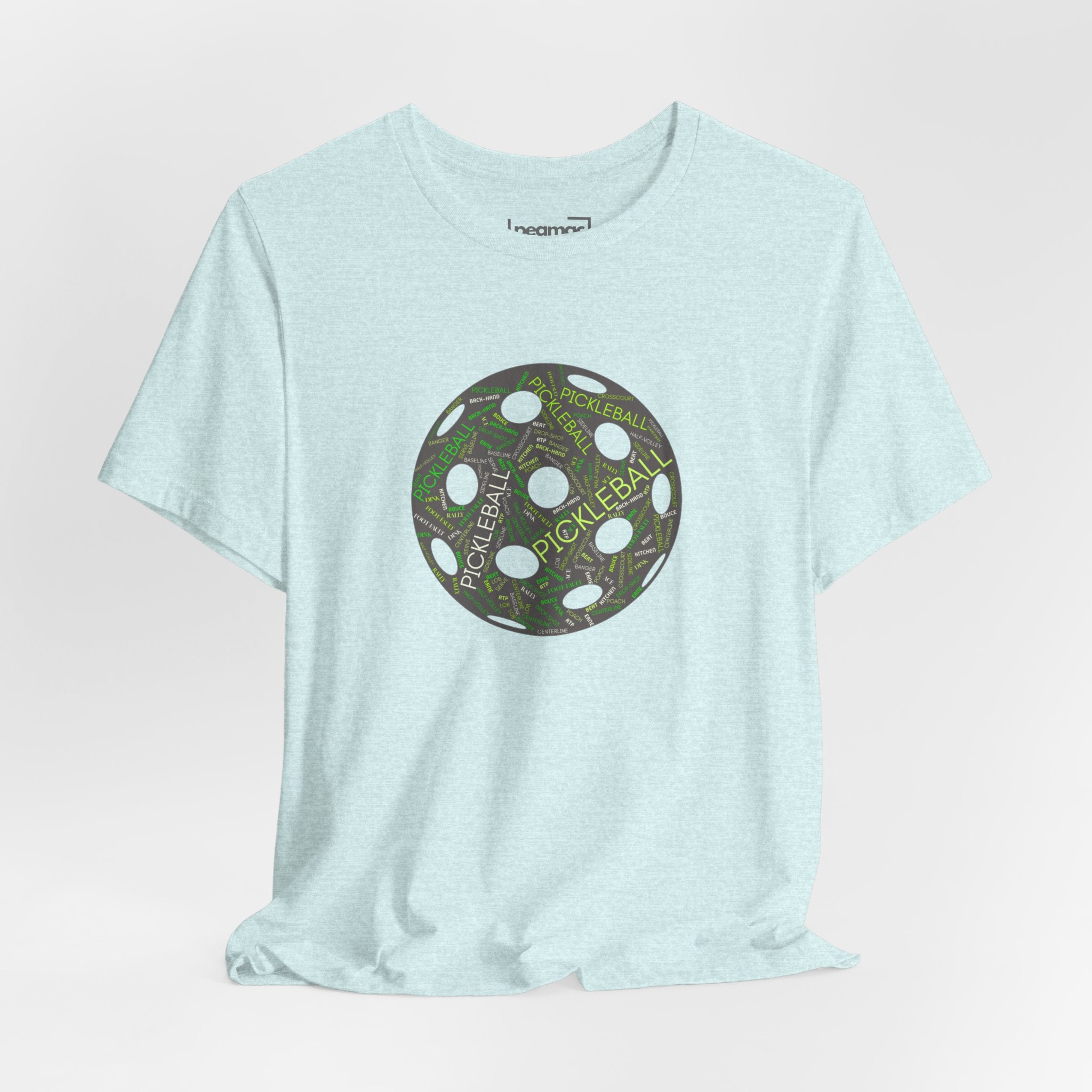 Unisex graphic T-shirt with pickleball words in a cloud design, featuring Dink, Pickle, and Kitchen text in vibrant colors.