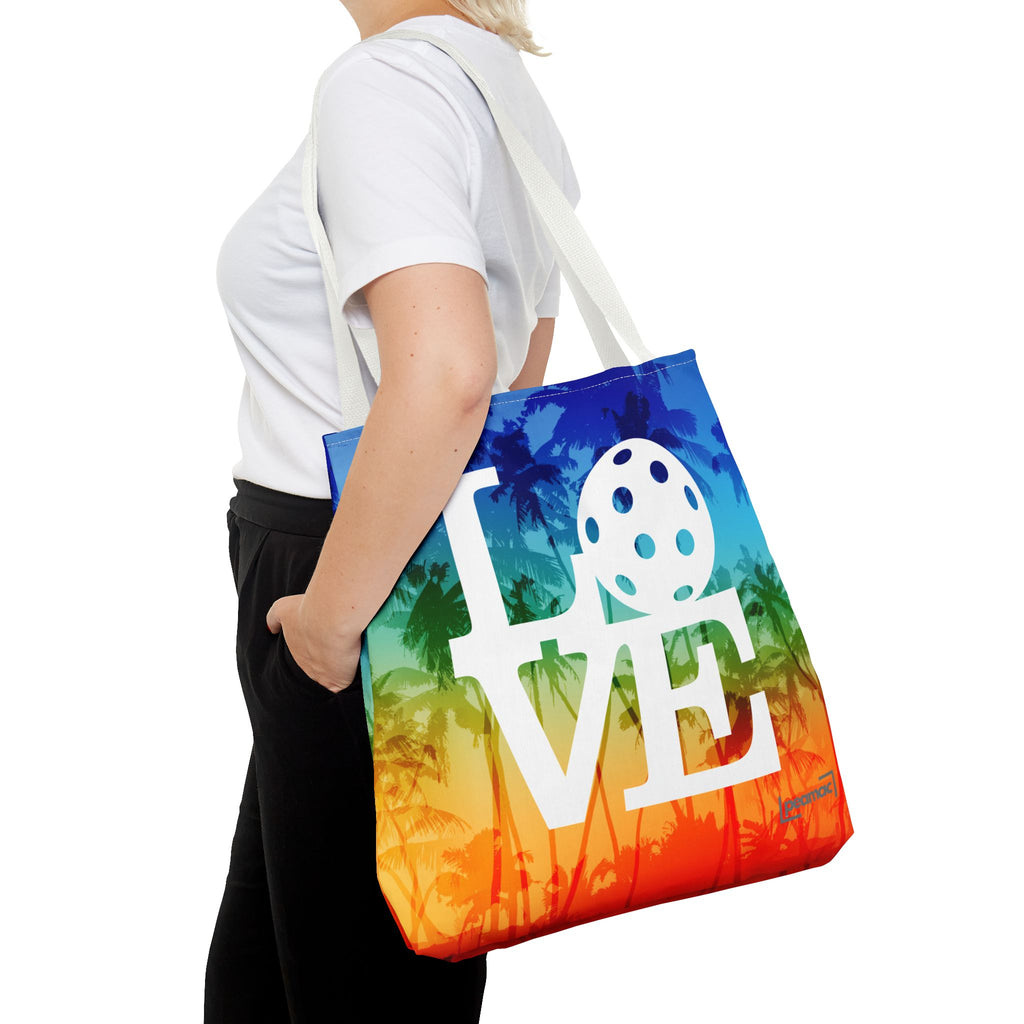 Palm rainbow tote bag featuring tropical pickleball love graphic, court-ready shoulder bag, durable bag for sports and casual use.